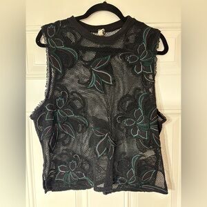 Free People Black Mesh Top with Teal Floral Embroidery